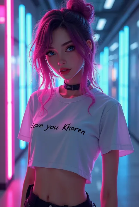 Very beautiful cyber GIRL wearing a T-shirt with the inscription I LOVE YOU KHOREN on the T-shirt