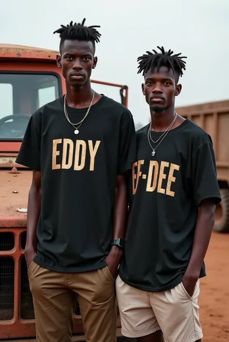 A African two young guys standing right side of the rust of graider one of them is tall he wearing black t shirt inside the brown jucket, and shirt inside name EDDY written on it, with metal font, another young wearing Armi boot with black t shirt inside w...