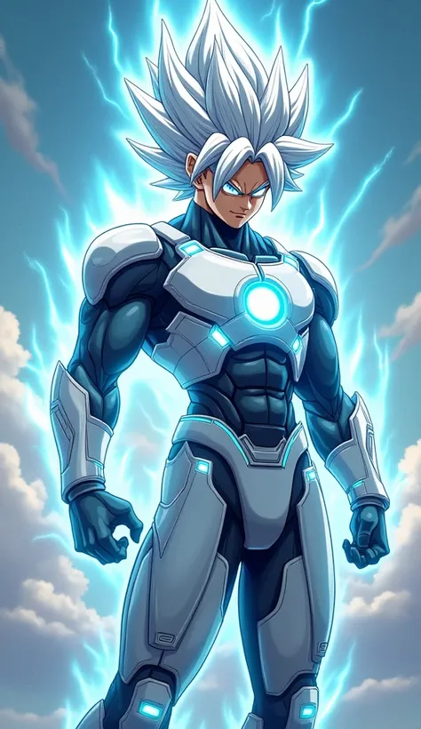 Play Goku with white hair and light blue aura, wearing ironman clothes.