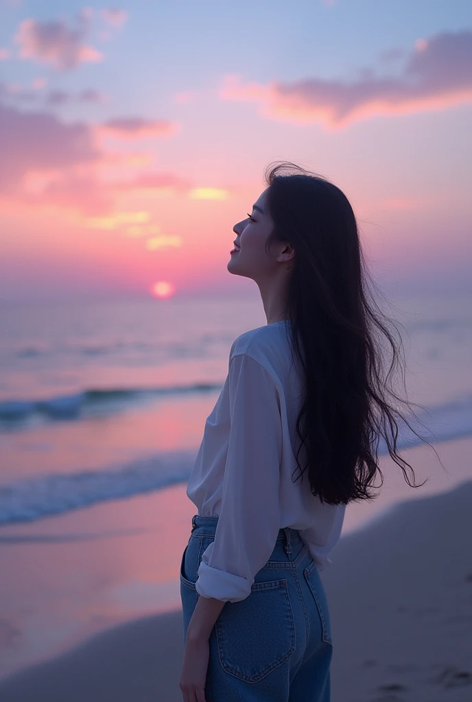 A 20-year-old long-haired Korean girl is standing by the beach enjoying the twilight while smiling happily 