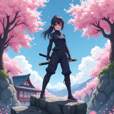 Anime manga Ninja girl standing on a rock, sakura tree background, japanese house