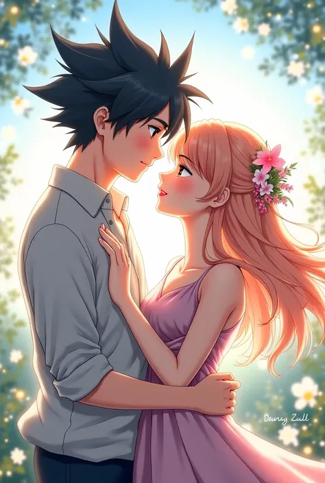 A guy with spike hair and a girl with fairy hair and they are couple anime