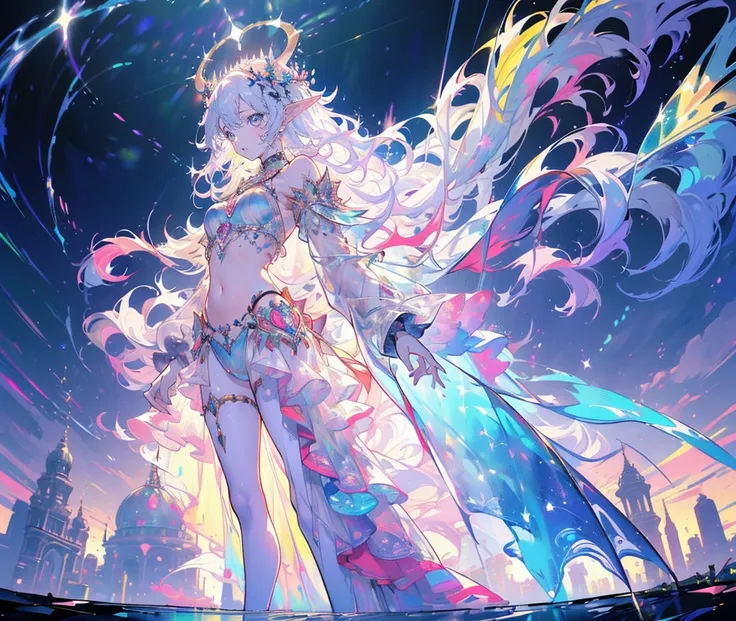  ((masterpiece:1.2)), (( top quality :1.2)),woman, ((Stranger , Cat Ears on Her Head , Elf ears long beside it ,  long hair that flutters in the wind , Arabian Nights transparent dress, super tight white crop top,  belly dance,  Dancing Figure , (whole bod...