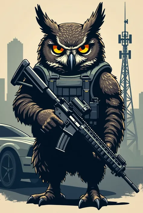 I would like a logo featuring an owl wearing a bulletproof vest, holding an M4 rifle, standing next to a car with a signal tower beside it, and a telephone tower in the background.