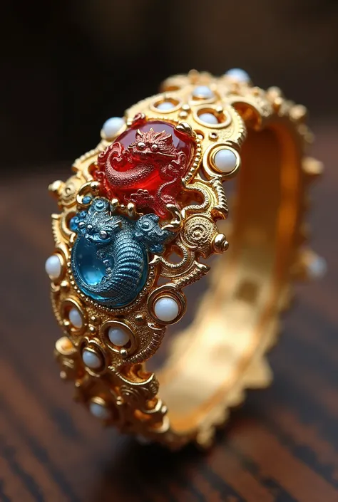 a bracelet, gold with white touches and the dragon and tiger stones that are small in red and blue