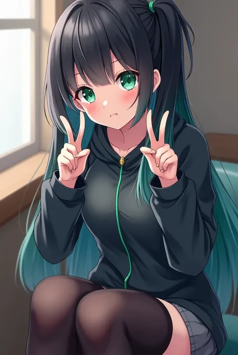  anime girl with black hair and green eyes making a peace sign, Koshintai ,  anime girl with teal hair,  in anime-style  4k,  anime cute art style , 2D in anime-style ,  best 4K Konachan anime wallpaper ,  anime character, Anime atmosphere, an  anime girl,...