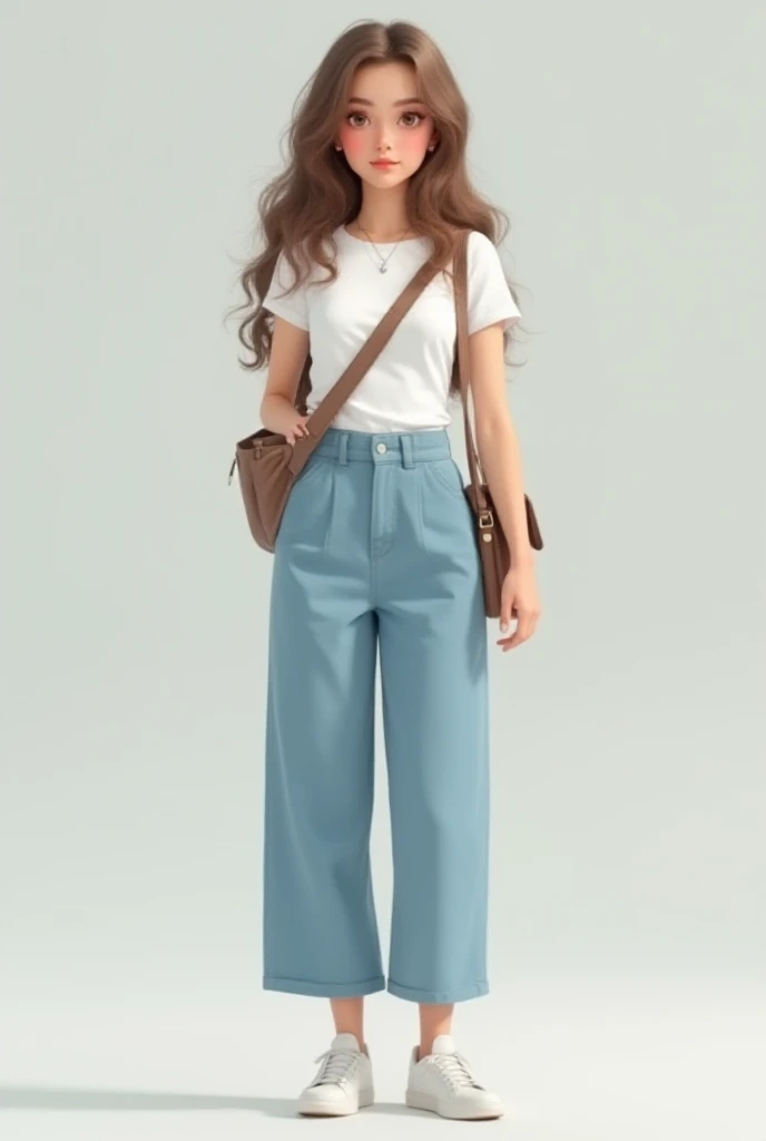 Create a realistic character YOUNG WOMAN  (18 years old), arcana,  fair skin , 1.68m,  long wavy light brown hair ,  light brown eyes , feminine and youthful aura ,  doll with long sky blue tailoring pants ,  short sleeve white t-shirt ,  white sneakers an...