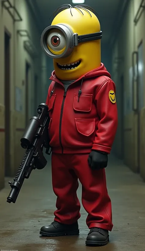 A squid game series mask worker in minions dress with one eye and a gun