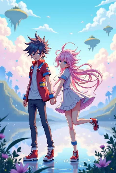 A guy with spike hair and a gril with fairy hair anime