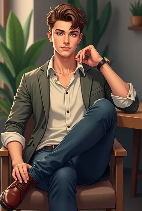 handsome guy with short brown hair and blue eyes. Leaning on a chair with one leg crossed over the other. Wearing a shirt, jacket and jeans 