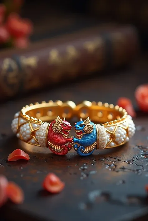 a bracelet, gold with white touches and the dragon and tiger stones that are small in red and blue