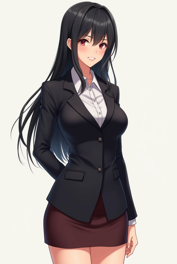 Anime woman with proportional body showing maturity,  Height about 170 cm tall with a strapping posture and full of confidence .  Her body is slender yet svelte ,  with his waist looks more pronounced in a blazer and skirt that adjusts to the shape of her ...