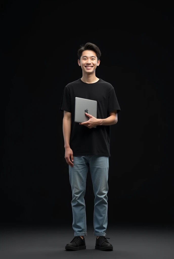 A young Japanese engineer man in a black t-shirts, light blue jeans, and black shoes, I have a laptop, Professinal., background black、studio、 is standing,smiling