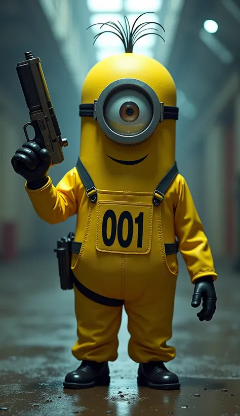 A squid game series mask worker in minions dress with one eye and a gun & number 001