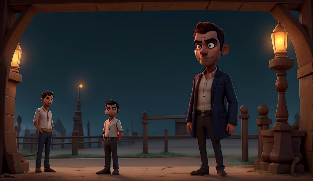 A mysterious man with glowing red eyes is standing near a ride, observing Rahul and Neelam. His appearance is slightly eerie, with an unsettling expression on his face. The background shows a dimming carnival with the shadowy, ominous figure of the strange...