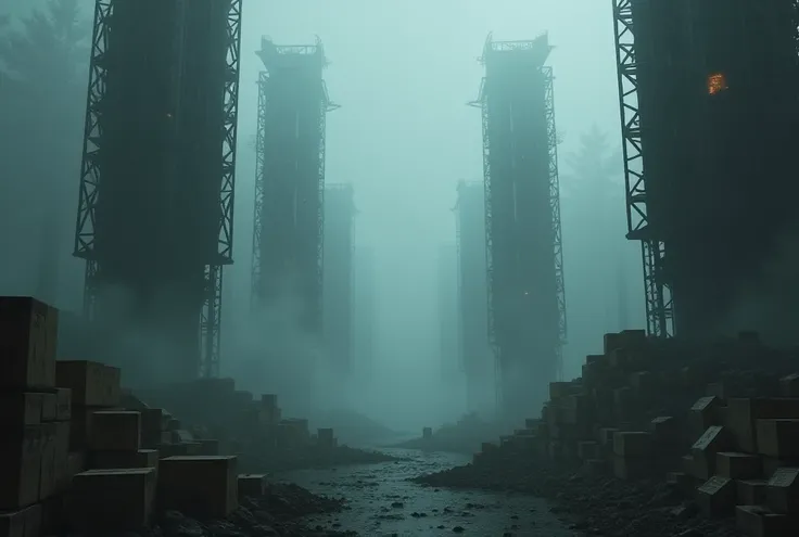 Draw a Gloomy Glade, there is fog around,  and in the clearing the boxes are stacked in several heaps.  All around, big metal structures are scary. dark around . Too many boxes