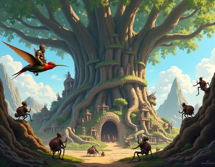 "In a hidden world beneath the roots of an ancient tree, tiny civilizations of micro-men coexist with giant animals. A brave micro-man warrior rides a hummingbird into the vast skies, while others build homes in snail shells and trade goods with beetles pu...