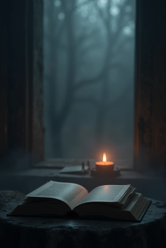 Image format 16 : 9 in which we see a book and a candle in the distance in the dark 