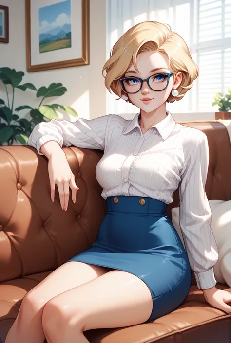 1 woman, white skin, blue eyes, short blonde hair, small nose,  70s housewife style clothes and make-up, glasses, motherly expression, sitting on a couch.