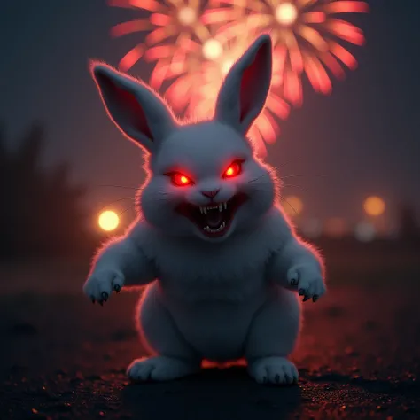 A white killer psycho rabbit with glowing red eyes sets off fireworks  
