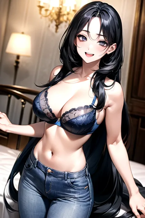 (((blue bra))), Very detailed、highest quality、Best image quality、masterpiece、8k、Anime Face、A kind smile、Open Mouth、((black long hair:1.5))、big breast, sexy、 beautiful body 、Cowboy Shot, Sexual Intercourse, ((grey eyes)), hotel bedroom, ((( Jeans)))