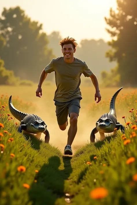  Handsome young man running around with some cute crocodiles,  in a green meadow , beautiful and lush . 3 D 18 mm 