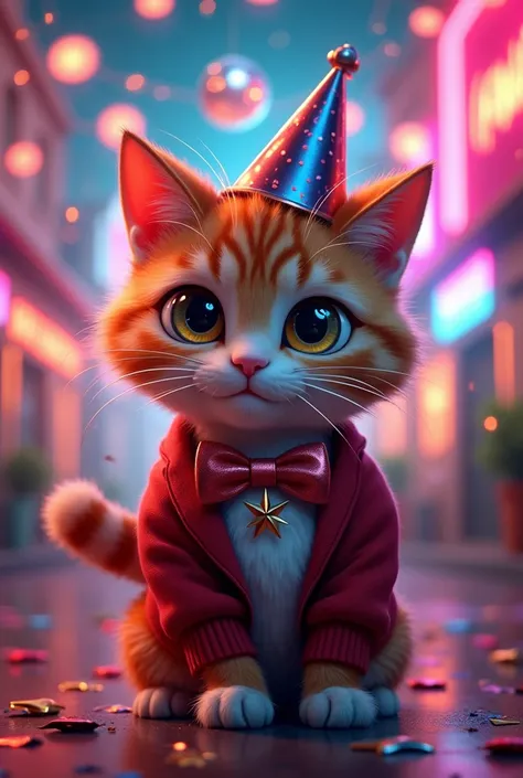  Illustration of cartoon cat wearing a new year outfits.background is all about new year theme.Looks realistic with neon lights. 