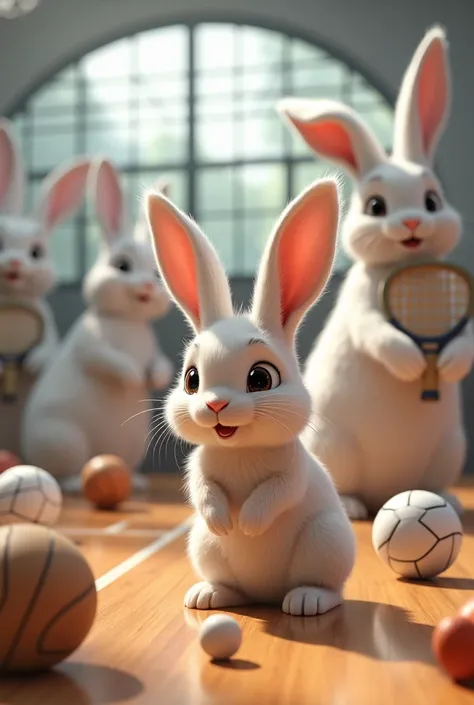 I want a rabbit playing in the gym with sports equipment and behind him are huge rabbits