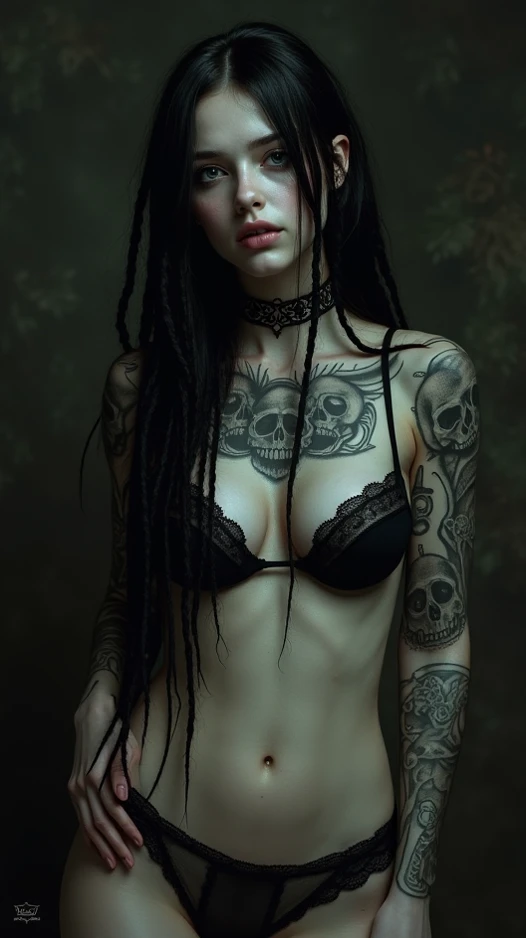 Gothic Girl skull tattooed, underwear, Dreadlocks 