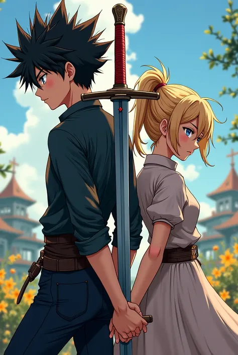 A guy with spike hair and a girl with fairy hair and they are holding a sword behind their back anime 