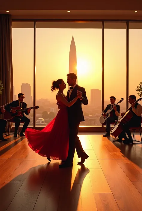 Dance studio with glass window showing the obelisk of Buenos Aires and a couple dancing tango with musicians in the background 