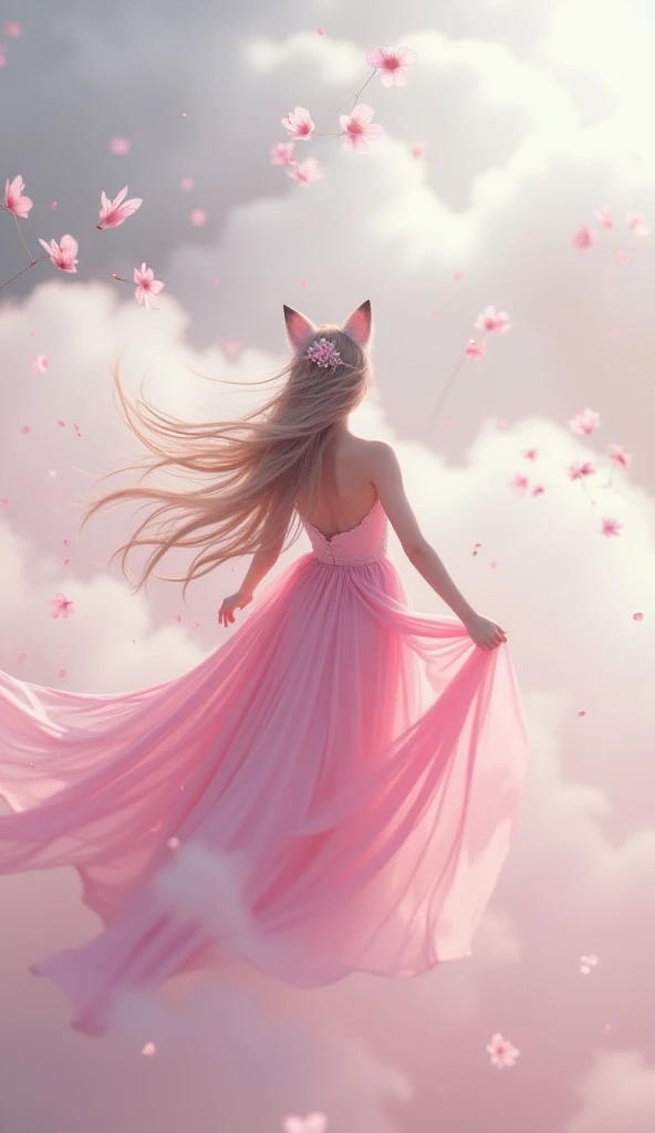 Snow White flies ， A charming and sexy fox fairy wears a long pink dress to fly in a white world， Fresh breeze blows her streamer ， full of fairy spirit ， New national style with white and pink hues ，32K high-definition picture quality