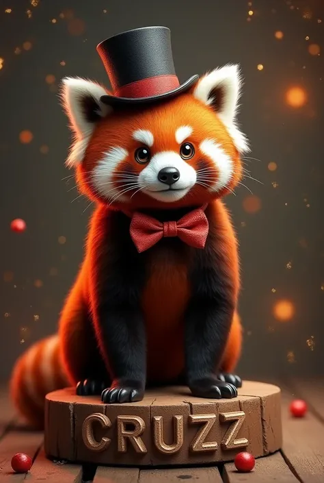 Create a realistic artwork of a red Panda with a top hat and bow tie;  the character is on a platform with the text CRUZZ engraved on it. The playful scenarios .  Solid image background .  Add fireworks and sparkles to give a New Year mood .