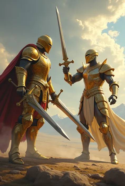 Create an image of the traveling Golden Knight entering combat against the Knight of Gemini