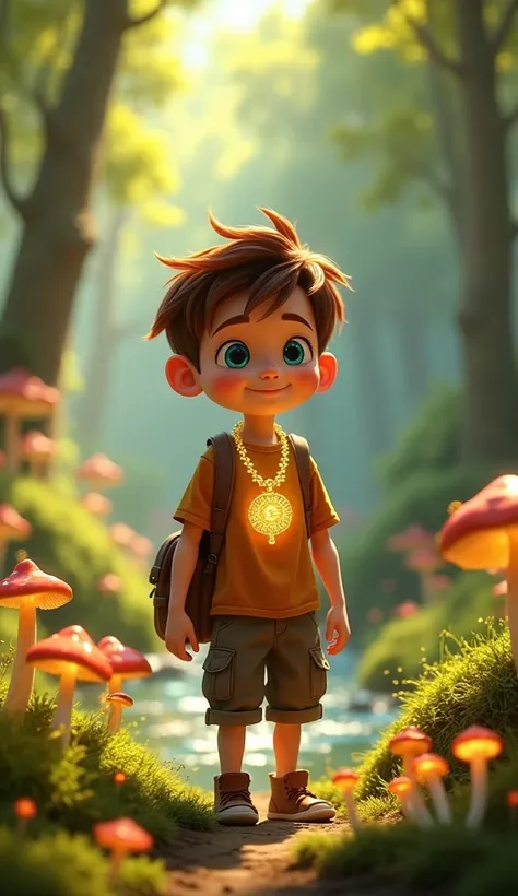 A lush, sun-dappled forest filled with sparkling rivers, glowing mushrooms, and tall, whispering trees with golden leaves swaying gently; 3D Pixar animation style. Finn stands happy, a glowing necklace around his neck,  the glowing necklaces intricate desi...