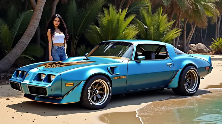 a Monaco-blue trans am with liberty walk bodykit, riding on beach, in sunshine morning, a beautiful  Mexican woman, long wavy, black hair, stands beside it wearing blue jeans and a white blouse