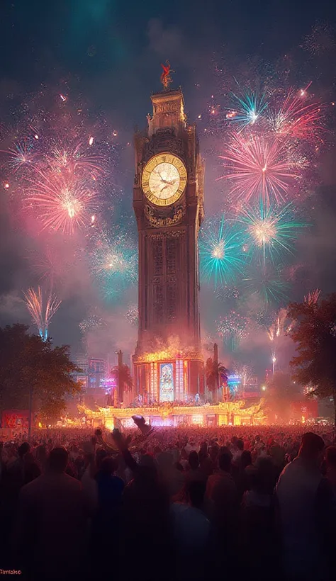 A large crowd gathered in Manila’s Rizal Park, counting down to midnight under a giant clock surrounded by colorful lights.