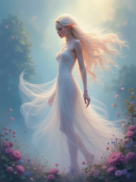 In an acrylic painting, a mesmerizingly ethereal nebulous elf is depicted, ethereal and elegant in her otherworldly beauty. The image captures her shimmering in soft pastel colors, her flowing hair seeming to blend seamlessly with the sublime nature around...