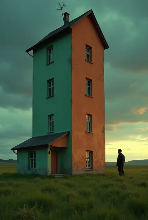 uncanny tall building with a skinny bottom and upwards on the building it widens out and the proportions get whacky. The colors are primary colors but look saturated and old. The house is located in a green field and in the background there are small hills...