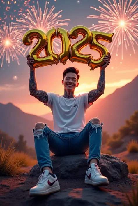  A handsome Asian man , full body tatto ,holding a shiny gold balloon, in the shape of a number  "2025" with both hands , wearing a white t-shirt with a name on it "Felix", under long ripped jeans , wears Nike shoes ,smiling in front of the camera while si...