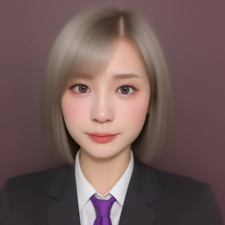 (kawaii 18 year-old Japanese girl, highschool girl), (glossy silver hair, very short hair, pixie cut, purple eyes:1.3), (wearing suit jacket, collared white shirt, necktie:1.2), well shaped extra small breasts, plain white background, id photo, bust shot, ...