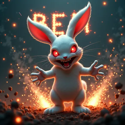 A white killer psycho rabbit with glowing red eyes sets off fireworks . Firework writing says BEM in the sky
