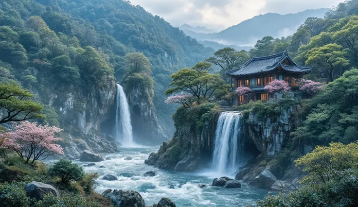 a korean-style flower house under a lush green hillside, there is a falls beside the house, a photo of a rough splash lake at night, at sunset and winter atmosphere , heaven background, The beauty of fairyland, clean image, forbidden beauty, amazing scener...