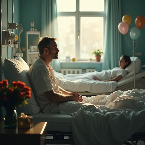 A quiet, reflective hospital ward bathed in soft morning light. A man sits on a hospital bed, gazing out of a window where sunlight streams in. Around him are flowers, balloons, and untouched gifts on a small table, while other patients lie in nearby beds....