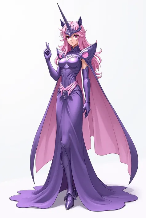 saint seiya, girl with purple armor with pink details, full body, helmet in the shape of a unicorn head, skirt, exposed belly, covered chest,