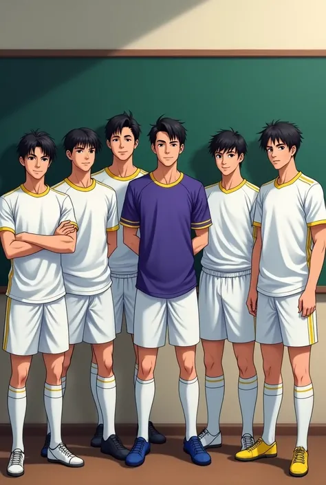 6 male footballers, white +Yellow, black hair, 5 people in a blue shirt 
Wearing a purple shirt, , standing in a row in front of the board, smiling a little.