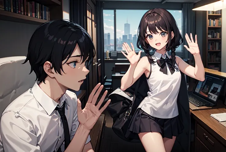 This is Wing from Age of 9, with 1 Girl of Girl Black Hair, White Uniform, Black Tie and Blue School Uniform Tank Top with Waving