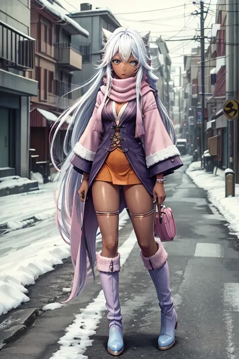  background is a snowy landscape、 1 dark-skinned African woman、, extremely thin 、, long pink hair 、Light blue eyes、Wearing a scarf 、 wearing velvet boots 、, clothes are orange bikinis 、