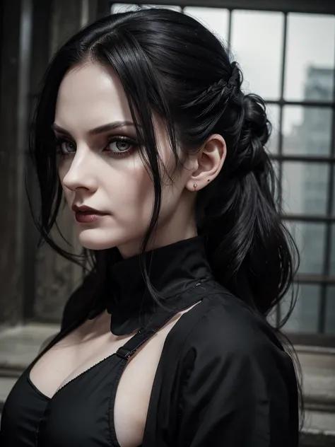 (best quality), 1girl, female, 36 years old, pale skin, (black hair), long hair, Half updo, dark eyes, perfect eyes, queen, (dark fantasy), black clothes, fully clothed, evil, scowl, gothic, masterpiece, anatomically correct, highres
