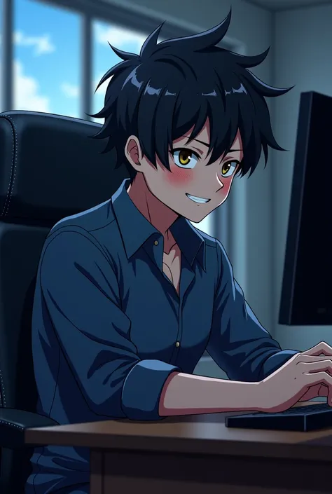 a close up of a person sitting in a chair with a computer, inspired by Okumura Togyu, 2 d anime style, in an anime style, desaturated!!, clean detailed anime style, [[[[grinning evily]]]], sitting at his desk, in anime style, inspired by Okumura Masanobu